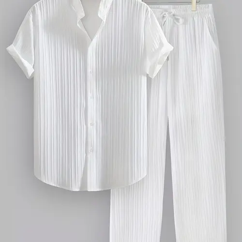 Men's Plain Short-Sleeve Top & Pants Set, Comfy Top & Trousers Set, Sleepwear for Summer, Casual Pajamas Outfit, Casual Lounge Wear, Pj Set