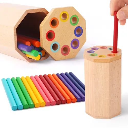 Hatwoo Bright Wood Color Sorting Sensory Learning Toy Set - Magnetic Building Blocks, Craft Sticks, Tiles, Pen Holder - Unisex 12-18 Months Toddler Fine Motor/Size Recognition Toy - Baby Items, Easter/Birthday Gifts, Christmas