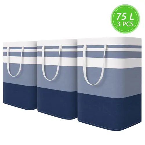 3Pcs 75L Tall Rectangular Collapsible Laundry Baskets - Collapsible Laundry Hamper for Bedroom, Spill-Proof Dry, Waterproof, Freestanding, High-Capacity Home Supplies, Extended Handles, Space-Saving Fold, Holds Towels, Toys, and Everyday Mess