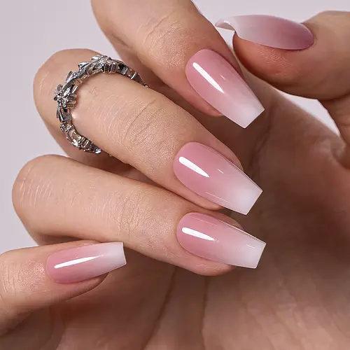 CurvLife White Mist Gradient Press On Nails | 30Pcs | Medium Coffin | Glossy Finish with Soft Blush Ombre | Summervibes | Easy to Apply, Comfortable & Long-Lasting | Ideal for Daily Commutes, Business Lunches, Tea Parties & Elegant Gatherings