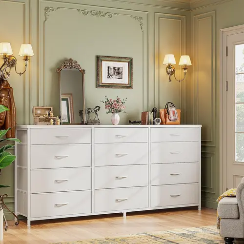 Raybee 55" Long Dresser for Bedroom with 12/13 Fabric Drawers, Wide Storage Dresser & Chest of Drawers, Entertainment Center for 60 Inch TV, Metal Frame Wood Top Organizer for Living Room & Apartment, Modern Home Décor Furniture, Cozy Christmas Gift Idea