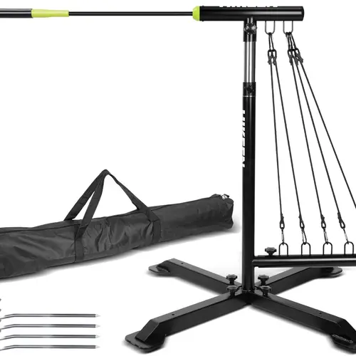 Hikeen Upgraded Youth Baseball Swing Trainer Batting Practice Equipment - Tool-Free Setup, Adjustable Height, 5 Resistance Bands, Anti-Dent Head, Sturdy Metal Base with Ground Stakes, Portable Carry Bag for Home Workouts