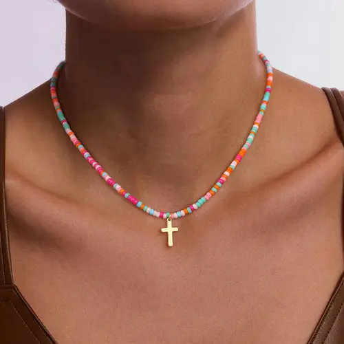 VENOCO Cross Necklace for Women 14K Gold Plated Cross Necklace Trendy Cross Pendant Necklace Cubic Zirconia Cross Box Chain Pearl Beads Link Choker Minimalist Daily Jewelry Gift for Women, Necklaces, Bead Necklaces