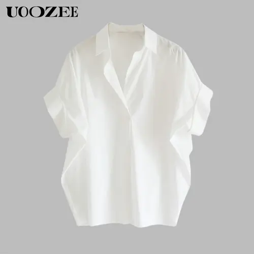 UOOZEE Women's Minimalist Solid Polyester Top, Ready-to-Wear Collared Shirt with Batwing Sleeves, Loose Casual Button-Front, Slightly Sheer,back to school,back to school shopping