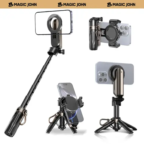 NEW - MAGIC JOHN 4-in-1 Multifunctional Magnetic Selfie Stick – 360° Rotation, Compact & Stylish, With wireless Bluetooth control, Magnetic Phone Holder for Selfies/Video Recording/Vlogging, Compatible with Most Phone Modes
