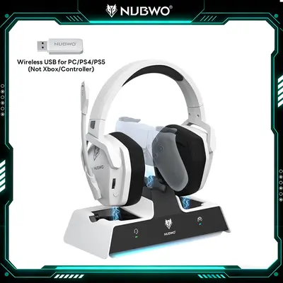 NUBWO G06 Pro Bluetooth Over Ear Gaming Headphones - PS5-Only Compatible, Dual PS5 Controller Charging Station, 17ms Low Latency, 120H Battery Life, Dynamic 50mm Drivers, Battle-Ready Glow, Anti-Slip Design - White