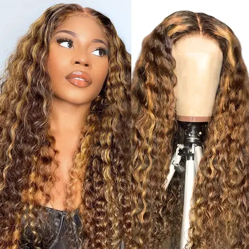 Zlzlblbl 13x6 Deep Wave Lace Front Wigs Human Hair Pre Plucked #4/27 Highlight Ombre Colored Deep Wave Wigs 16-36 Inch Honey Blonde Lace Frontal Wigs For Women Curly Wig Glueless Frontal Wig