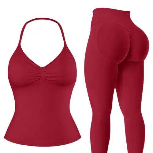 Women's Solid Halter Neck Sports Top & Leggings Set, Breathable Two-piece Set for Yoga Gym Workout Running, Ladies Sportswear for All Seasons Workout Outfits, Sport Activewear, Exercise Clothing