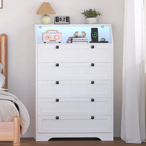 Nightstand with Charging Station，Drawer Dresser with LED Light, Space-Saving Tall Dresser Organizer for Bedroom, Hallway, Closet,Living Room, Furniture Orgaization Modern Storage Cabinet,dorm essentials,home decor