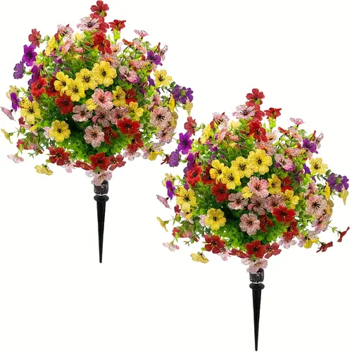 2-Set 19.68in Decorative UV-Resistant Artificial Violet Topiary Ball Tree with Ground Nails, Outdoor Fake Plants, Plant Decor for Indoor Front Porch Gardens, Floral Decor Evergreen Shrub Brush
