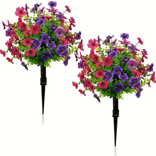 Decorative 2-Packed Set 19.68in UV-Resistant Artificial Violet Potted Bulbs, Universal Plastic Evergreen Shrub with Ground Nails, Home Decor for Indoor/Outdoor Front Porch Gardens