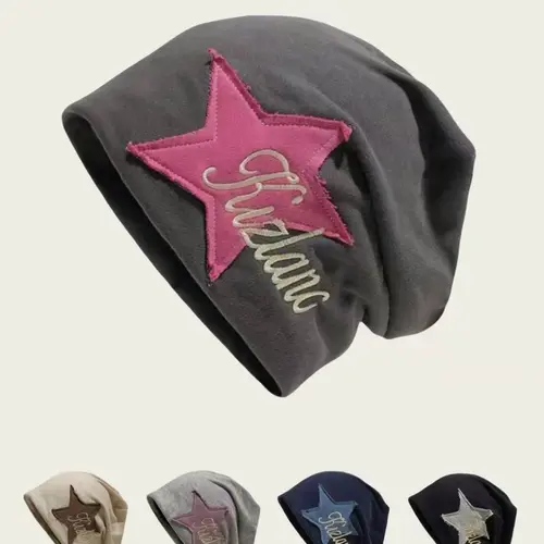 Fitted Star Patched Letter Embroidery Knit Hat - Machine Washable, Casual, Trendy, All-Match Design, Ideal for Daily Wear/Birthday Gift, Clothes Accessory for Men & Women