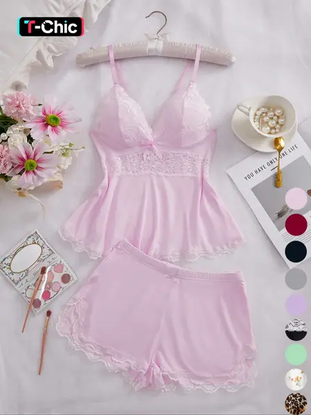 Women's Halloween Lace-Trim Spaghetti Strap Sleepwear Set, Soft and Comfortable Fitted Design, Casual All-Season Home Wear, 2-Piece Shorts Set Lingerie Top Underwear Elegance Outfit
