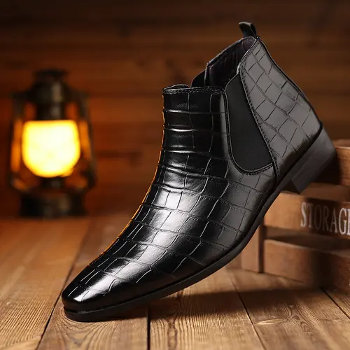 Men's Korean Slip-On Chelsea Boots - PU Leather Synthetic Smooth Comfortable Footwear, Mid-Calf Closed-Toe Shoes for Casual, Business Occasions