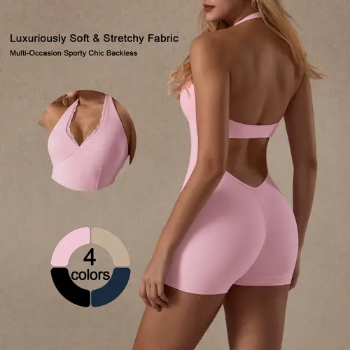 TimeOFF Soft Stretchy Backless Halter Stylish Activewear Set with Lace Trim - Fitness Outfit, Workout Gym Clothing, Comfortable Fit for Yoga & Athleisure