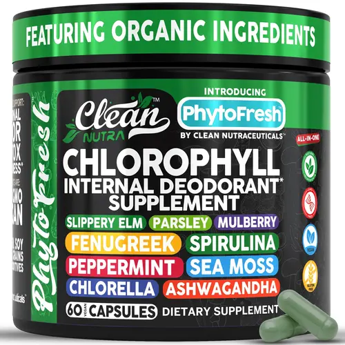 Clean Nutra Chlorophyll Internal Deodorant Supplement with Slippery Elm, Spirulina, Sea Moss, Ashwagandha & Peppermint for Daily Detox & Digestive Support - Phyto Fresh