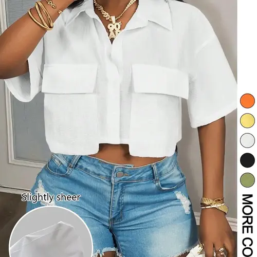 Women's Solid Color Short Sleeve Shirt Blouses, Casual Elastic Pocket Design Crop Top for Summer, Women's Clothing for Daily Wear, Womenswear