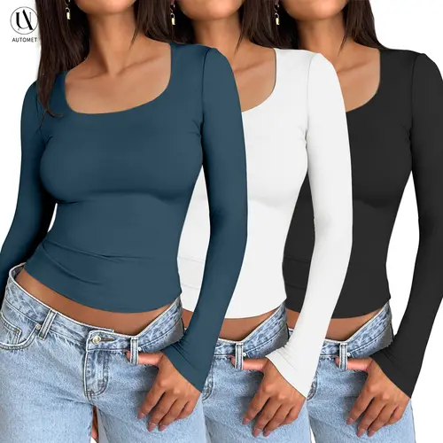 AUTOMET Women's 3-Pack Long Sleeve Crop Tops - Slim Fit, Y2K 2000s Cute Clothes, Minimalist Korean Style, Casual Fit Chic, Basic Layering T Shirts Women, Haze Blue/White/Black, Everyday Tops, Cute Clothes for Summer Womenswear