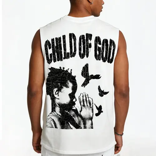Sopula Studio Men's "Son of God" Peace Prayer Pattern Sleeveless Round Neck Casual Style Tee, Menswear Summer Shirt, father'sdaygifts Streetwear Crewneck,back to school,back to school shopping