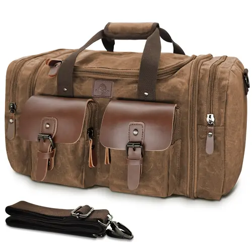 Men's Vintage Canvas Fashionable Duffel Bag - 50L Expandable Waterproof Lightweight Premium Quality Multi-Function Portable Travel Bag, 15.6-in Laptop Compartment, No Wheels Carry-On Crossbody for Weekend Trips Camping, Metal