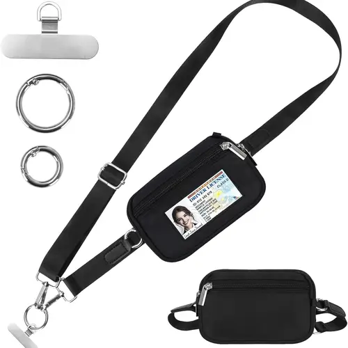 Clip and Go Strap for Phone with Wallet Crossbody, Phone Lanyard Adjustable and Detachable Wrist Strap, ID Window & Zipper Pocket Hands-Free Phone Strap for Women/Men