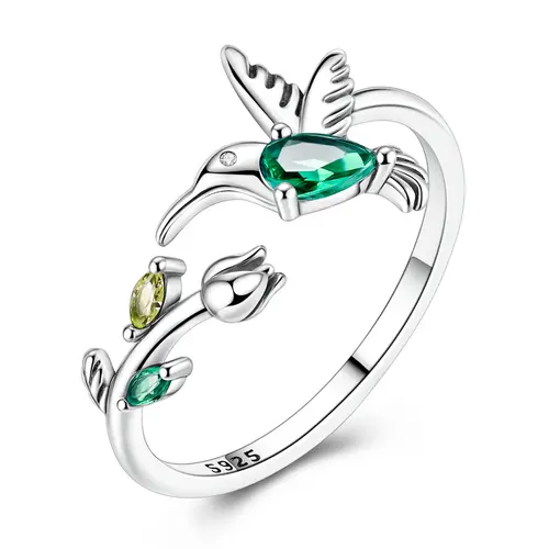 MULA Hummingbird and Tulip Open Ring in Sterling Silver with Green Cubic Zirconia - Adjustable jewelry inspired by nature, the best gift for women, gardening enthusiasts, Adjustable Rings summerwins