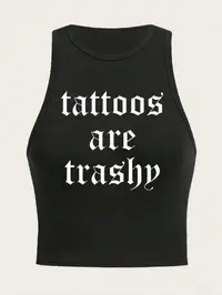 Women's Thermal Lined "Tattoos Are Trash" Print Round Neck Fitted Tank Top, Y2K Aesthetic Fashion Trendy Casual Chic Sleeveless Top for Daily Wear, Summer, Casual Beach Tank, Ladies Womenswear Clothes for All Seasons