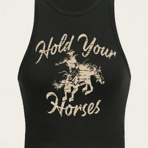 Women's Cowgirl & Animal Letter Print Round Neck Tank Top Fit, Casual Fashion Sleeveless, Slim, Vintage Trendy Casual Boho Sleeveless Aesthetic Top for Everyday Wear, Ladies for Summer, Socks, Womenswear