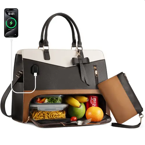 Babysun 15.6-Inch PU Leather Laptop Tote Briefcase - Durable Insulated Bag, Thermal Multifunctional Bag with Leakproof Insulated Lunchbox Cooler Pocket, Portable for Women’s Office Travel Essentials, Multifunctional Insulated Bag