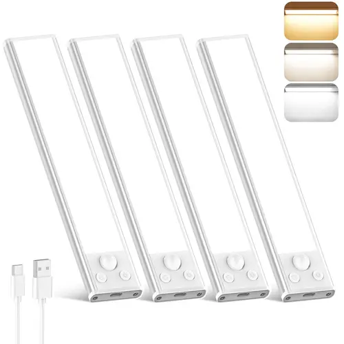 4-Pack Rechargeable LED Under Cabinet Closet Lights - Slim Profile, 3 Color Temps, Dimmable, Human Body Sensing/Motion Sense, Led Strip, Home Decor Light for Kitchen, Bedroom