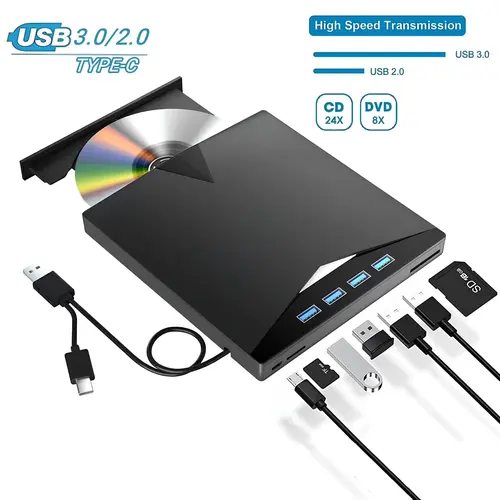 Laptop External CD DVD Drive, [7 in 1] Type-C CD/DVD Player USB 3.0, Portable CD/DVD ROM Burner with TF/SD Card Slot for Desktop Windows 11/10/8/7 Linux Mac OS (Black), Notebook, Laptops