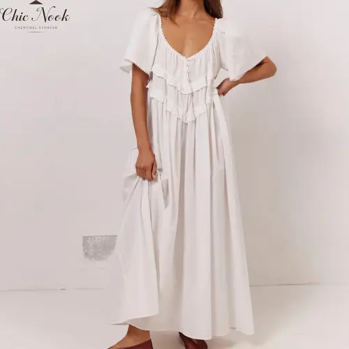 Women Long Dress, Elegant Short Sleeve Low-cut Backless Solid Loose Swing Dress