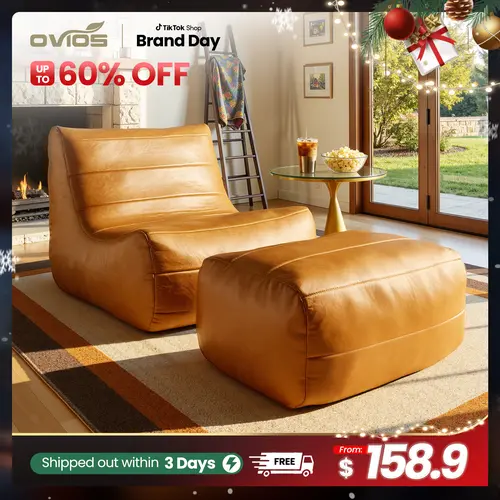【Back To School】Ovios Large 37" Bean Bag Chair with Ottoman for Adults, Comfy Boneless Lazy Chair Couch with Memory Foam and PU Leather , Plush Corduroy Sofa Bed for Bedroom College Dorm - No Assembly