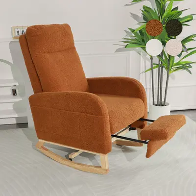 SOUTTEE 51''  Modern Rocking Chair Nursery, Comfy Glider Nursery Chair with Foot Rest, Upholstered Rocker with Pocket, Living Room, Bedroom, Lounge Room Solid Wood Armchair Ergonomically Adjustable Seat