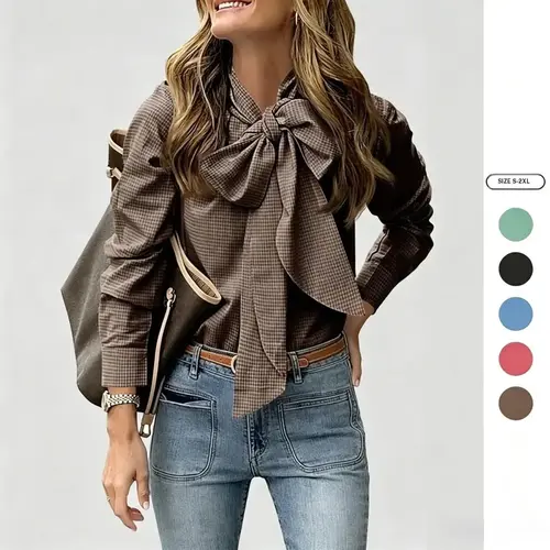 Imily Bela Womens Plaid Shirts Bow Tied Neck Button Down Long Sleeve Casual Dressy Blouse Tops Womenswear Chic