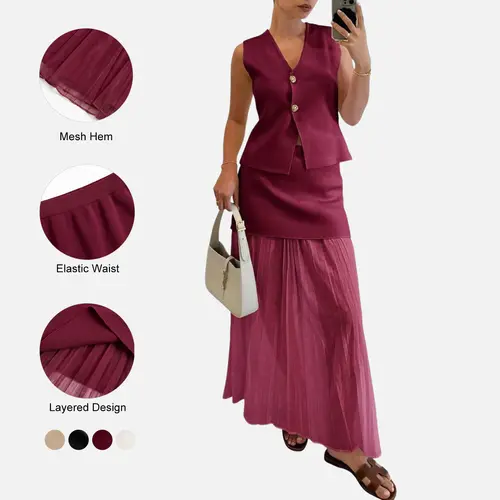 Imily Bela Womens Summer 2 Piece Outfits V Neck Sleeveless Blazer Waistcoat and Mesh Maxi Skirt Suit Sets