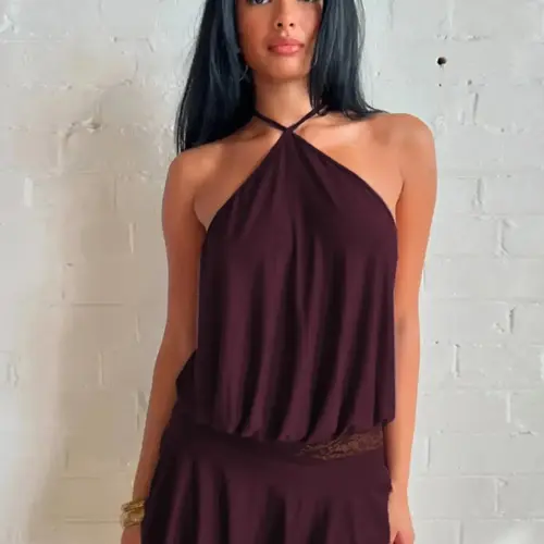 Women's Solid Color Semi-Sheer Lace Panel Halter Neck Dress, Backless Ruffle Hem Dress, Ideal for Music Festival, Parties, Beach, and Dates, Ladies Dresses, Summer Wear, Backless Evening Dress
