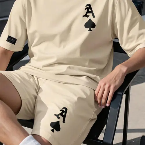 Two-Piece Set Men's Regular Fit Spade & Ace Print Short Sleeve Tee & Shorts, Casual Round Neck T-shirt & Track Shorts, Men's Summer Clothes Menswear Outfits Set