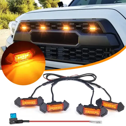 4-Piece/4-Pack Universal Raptor-Style LED Auxiliary Amber Light Bar, Hard-Wired Vehicle Exterior Lights for Trucks & Pickups, Car Accessories with Aftermarket Mesh Fit, 1x Wire Tap with Fuse Included (No Battery)