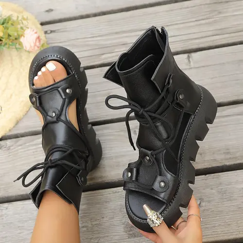 Women's Fashionable Retro Platform Lace Up Sandals, Casual Versatile Zipper Design Fashionable Comfy Sandals for Summer, Lightweight Breathable Comfortable Rubber Shoes for Daily Wear