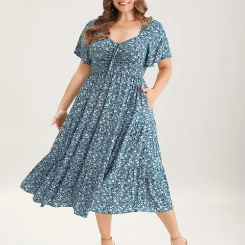 BLOOMCHIC Women's Plus Size Floral Sundress [M-6X] - Boho Mini Casual Dress with Drawstring Waist, Pocket, Flattering Fit, Summer Vacation Outfit, Women's Clothes, Summer Flowy Dresses, Plussize, Sundresses For Women