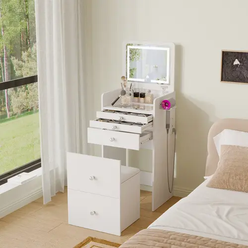 VOWNER Modern 3 in 1 Vanity Desk with 3 Drawers Flip-up Mirror 3 Color Lighting & Cushioned Stool for Bedroom Makeup & Skincare Routine