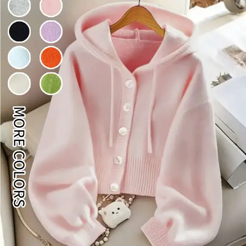 Women's Solid Button Front Hooded Cardigan, Casual Long Sleeve Knitwear for Fall & Winter, Women's Knit Clothing for Daily Wear, Knitted Top, Tops, Womenswear, Knitting, Lady