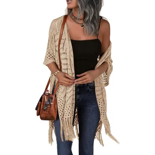 Boho Crochet Knit Cardigan for Women, Lightweight Slip On Sweater with Fringe Hem, Open Front Short Sleeve Beach Cover Up, Boho Clothes For Women, Tassel's Hem, Beachwear, H Type
