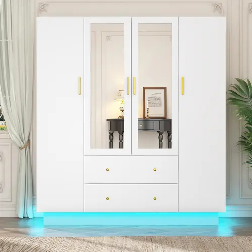 4-Door Freestanding Wooden Wardrobe Furniture - Bedroom Storage with Mirrors, LED Lights, Drawers, Shelves, Hanging Rod for Room Organization,dorm essentials,home decor