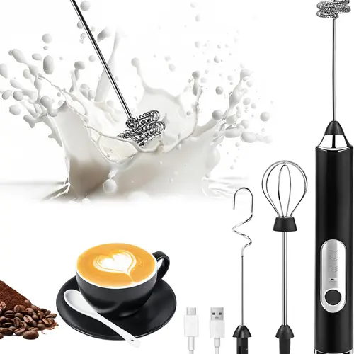 Multifunctional Cordless Milk Frother Coffee Making Tool, Christmas Gift - Electric Detachable 3 Whisk Heads, Rechargeable Lithium Battery, Food-Contact-Grade Stainless Steel 3-Speed Mixer for Latte, Cappuccino, Travel