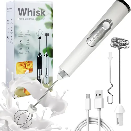 Rechargeable Electric Milk Frother Wand - 3-Speed Control, 3-Head for Eggs, Compact Handheld Coffee Frother Mixer with ABS Body, USB Charging, Powder Mix Hook, Light & Sturdy for Latte, Cappuccino