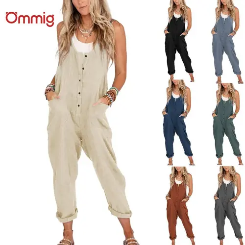 Ommig Women's Sleeveless Soft Cotton Linen Bohemian Overalls - Korean Preppy Retro Sexy V-Neck Button Jumpsuits, Adjustable Straps, Pockets, Relaxed Fit, Breathable, Casual Spring-Summer Basics