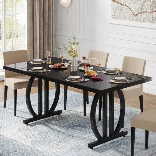 LITTLE TREE 63 Inch Dining Table for 4-6 People, Black Modern DiningTable with Metal Frame, Rectangular Dinner Table, Large Kitchen Table for Dining Room, Living Room social