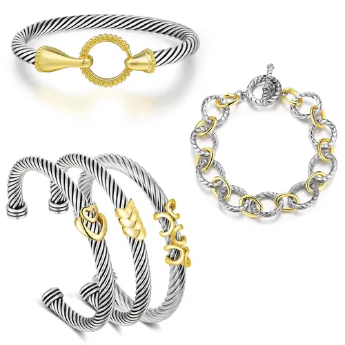 Aprilery 5PCS Stackable Twisted Cable Bracelet Set – Adjustable Two-Tone Cuff & Chain Link Design Jewelry Perfect Mother's Day Gift